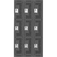 Clean Line Lockers, 3 -tier, Bank of 3, 36" x 12" x 72", Steel, Charcoal, Rivet (Assembled), Perforated Auto-Cam