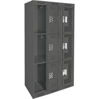 Clean Line Lockers, 3 -tier, Bank of 3, 36" x 12" x 72", Steel, Charcoal, Rivet (Assembled), Perforated Auto-Cam