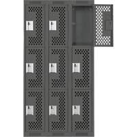 Clean Line Lockers, 3 -tier, Bank of 3, 36" x 12" x 72", Steel, Charcoal, Rivet (Assembled), Perforated Auto-Cam