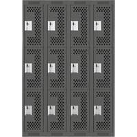 Clean Line Lockers, 3 -tier, Bank of 4, 48" x 12" x 72", Steel, Charcoal, Rivet (Assembled), Perforated Auto-Cam