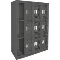 Clean Line Lockers, 3 -tier, Bank of 4, 48" x 12" x 72", Steel, Charcoal, Rivet (Assembled), Perforated Auto-Cam