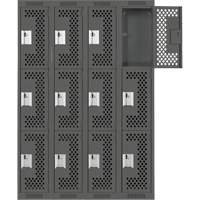 Clean Line Lockers, 3 -tier, Bank of 4, 48" x 12" x 72", Steel, Charcoal, Rivet (Assembled), Perforated Auto-Cam