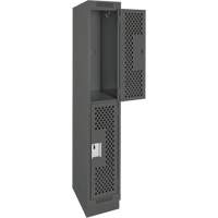 Clean Line Lockers, 2 -tier, 12" x 12" x 76", Steel, Charcoal, Rivet (Assembled), Perforated Auto-Cam