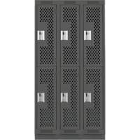Clean Line Lockers, 2 -tier, Bank of 3, 36" x 12" x 76", Steel, Charcoal, Rivet (Assembled), Perforated Auto-Cam