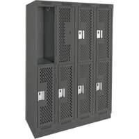 Clean Line Lockers, 2 -tier, Bank of 4, 48" x 12" x 76", Steel, Charcoal, Rivet (Assembled), Perforated Auto-Cam