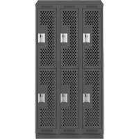 Clean Line Lockers, 2 -tier, Bank of 3, 36" x 12" x 82", Steel, Charcoal, Rivet (Assembled), Perforated Auto-Cam
