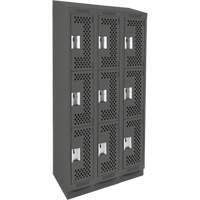 Clean Line Lockers, 3 -tier, Bank of 3, 36" x 18" x 82", Steel, Charcoal, Rivet (Assembled), Perforated Auto-Cam