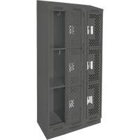 Clean Line Lockers, 3 -tier, Bank of 3, 36" x 18" x 82", Steel, Charcoal, Rivet (Assembled), Perforated Auto-Cam