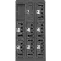 Clean Line Lockers, 3 -tier, Bank of 3, 36" x 18" x 82", Steel, Charcoal, Rivet (Assembled), Perforated Auto-Cam