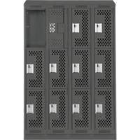 Clean Line Lockers, 3 -tier, Bank of 4, 48" x 18" x 82", Steel, Charcoal, Rivet (Assembled), Perforated Auto-Cam