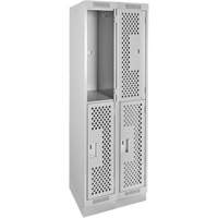 Clean Line Lockers, 2 -tier, Bank of 2, 24" x 12" x 76", Steel, Grey, Rivet (Assembled), Perforated Auto-Cam