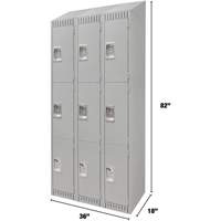 Lockers, 3 -tier, Bank of 3, 36" x 18" x 82", Steel, Grey, Knocked Down Auto-Cam