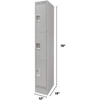Lockers, 3 -tier, 12" x 18" x 76", Steel, Grey, Knocked Down Auto-Cam