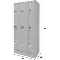Lockers, 3 -tier, Bank of 3, 36" x 18" x 76", Steel, Grey, Knocked Down Auto-Cam