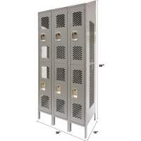 Vented Lockers, 2 -tier, Bank of 3, 36 x 18" x 88", Steel, Grey, Knocked Down, Perforated Auto-Cam