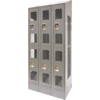 Vented Lockers, 2 -tier, Bank of 3, 36 x 18" x 88", Steel, Grey, Knocked Down, Perforated Auto-Cam
