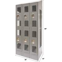 Vented Lockers, 2 -tier, Bank of 3, 36 x 18" x 88", Steel, Grey, Knocked Down, Perforated Auto-Cam