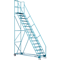 CSA-Certified Rolling Step Ladder with Locking Step, 16 Steps, 30" Step Width, 144" Platform Height, Steel Auto-Cam
