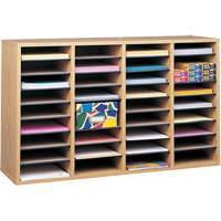 Adjustable Compartment Literature Organizer, Stationary, 36 Slots, Wood, 39-1/4" W x 11-3/4" D x 24" H Auto-Cam