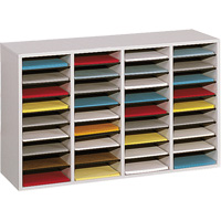 Adjustable Compartment Literature Organizer, Stationary, 36 Slots, Wood, 39-1/4" W x 11-3/4" D x 24" H OE706 | Auto-Cam