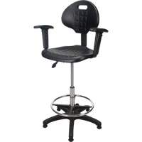 Heavy-Duty Ergonomic Stool with Adjustable Arm Rests, Stationary, Adjustable, 39" - 48", Polyurethane Seat, Black Auto-Cam