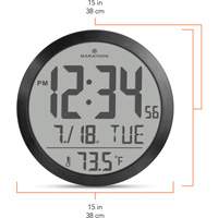 Round Digital Wall Clock, Digital, Battery Operated, 15" Dia., Black OR488 | Auto-Cam