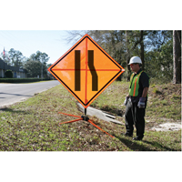Tilt-Adjust Merge Left Roll-Up Construction Sign, 36" x 36", Vinyl, Pictogram Auto-Cam