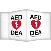 90° Projecting "AED/DEA" Sign, 6" x 5", Plastic, Bilingual with Pictogram Auto-Cam