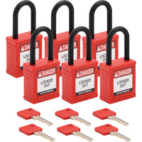 Velocity Lockout Padlocks, Red, Keyed Alike, Nylon, 1-1/2" Width Auto-Cam