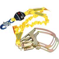 Twin-Leg Stretch Web Shock-Absorbing Lanyard, 6', Rebar Hook Center, Snap Hook Leg Ends Auto-Cam