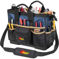 Molded Base Big-Mouth Tote Tool Bag, Ballistic Polyester, 23 Pockets, Black/Blue Auto-Cam