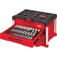 242-Piece 1/4”, 3/8” & 1/2” Drive Metric & SAE Ratchet & Socket Set with PACKOUT 4-Drawer Tool Box, 16-3/10" x 22-1/5" x 14-3/10", Black/Red Auto-Cam